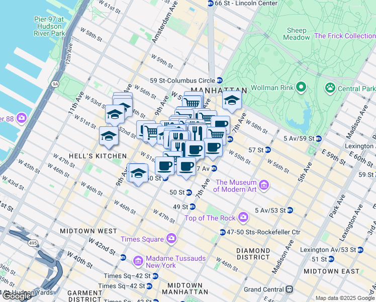 map of restaurants, bars, coffee shops, grocery stores, and more near 281 West 53rd Street in New York
