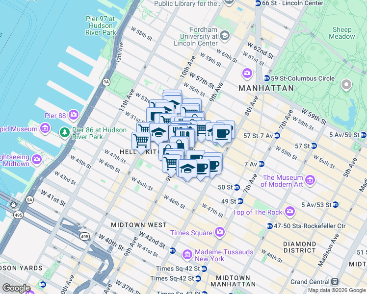 map of restaurants, bars, coffee shops, grocery stores, and more near 755 9th Avenue in New York
