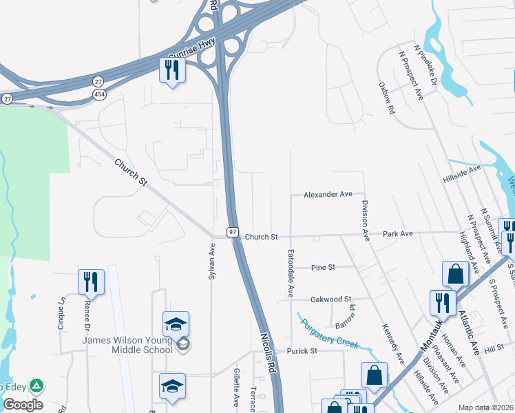 map of restaurants, bars, coffee shops, grocery stores, and more near 943 John Avenue in Bayport