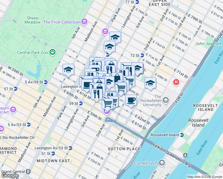 map of restaurants, bars, coffee shops, grocery stores, and more near 210 East 64th Street in New York
