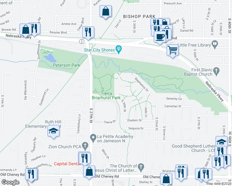 map of restaurants, bars, coffee shops, grocery stores, and more near 4941 South 30th Street in Lincoln
