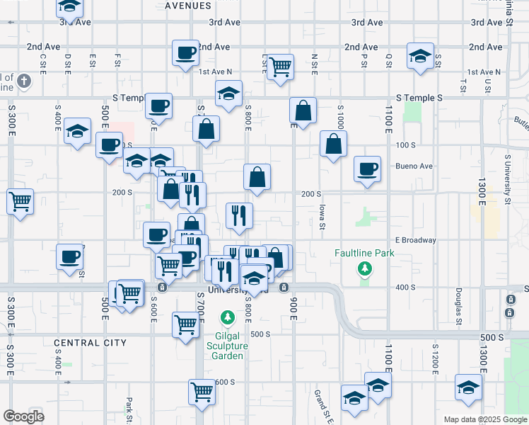 map of restaurants, bars, coffee shops, grocery stores, and more near 830 Menlo Avenue in Salt Lake City