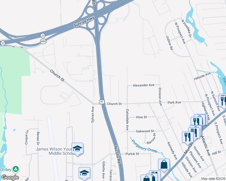 map of restaurants, bars, coffee shops, grocery stores, and more near 943 John Avenue in Bayport