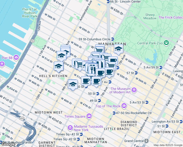 map of restaurants, bars, coffee shops, grocery stores, and more near 281 West 53rd Street in New York