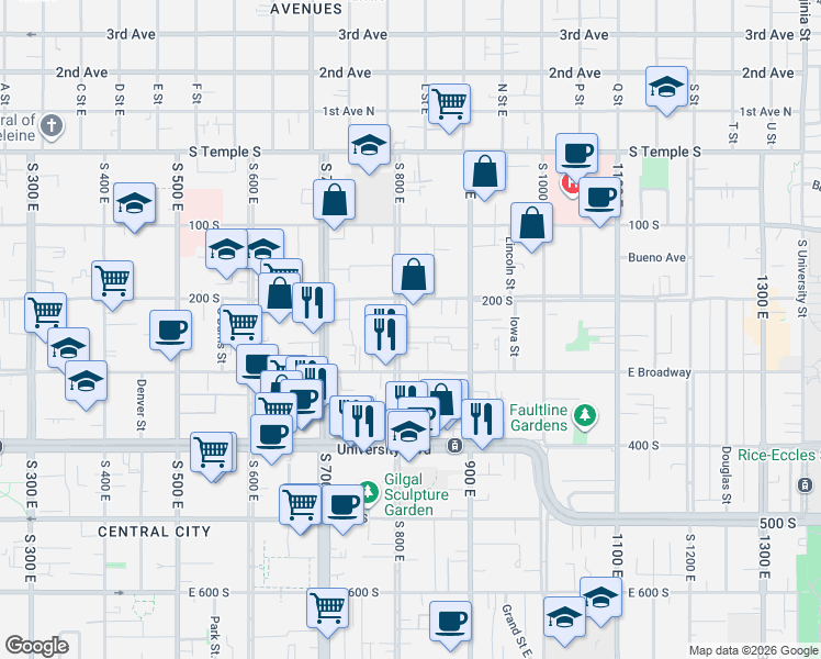 map of restaurants, bars, coffee shops, grocery stores, and more near 830 Menlo Avenue in Salt Lake City