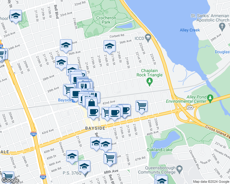 map of restaurants, bars, coffee shops, grocery stores, and more near 40-32 216th Street in Queens