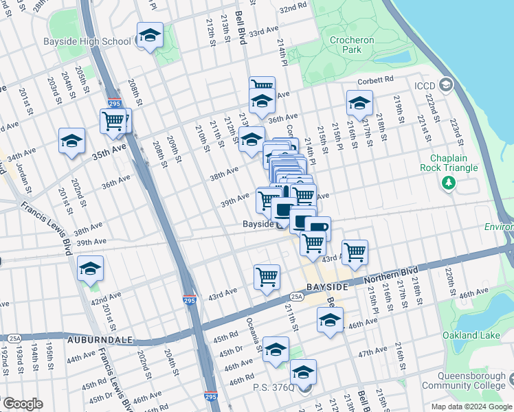 map of restaurants, bars, coffee shops, grocery stores, and more near 39-29 212th Street in Queens