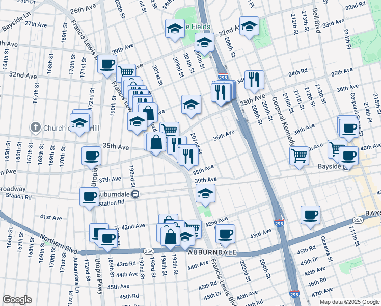 map of restaurants, bars, coffee shops, grocery stores, and more near 36-13 201st Street in Queens