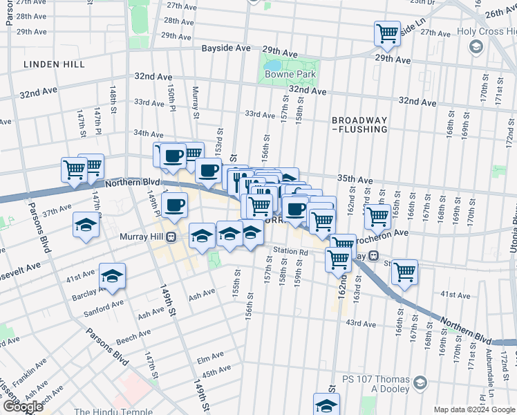 map of restaurants, bars, coffee shops, grocery stores, and more near 156-10 Northern Boulevard in Queens