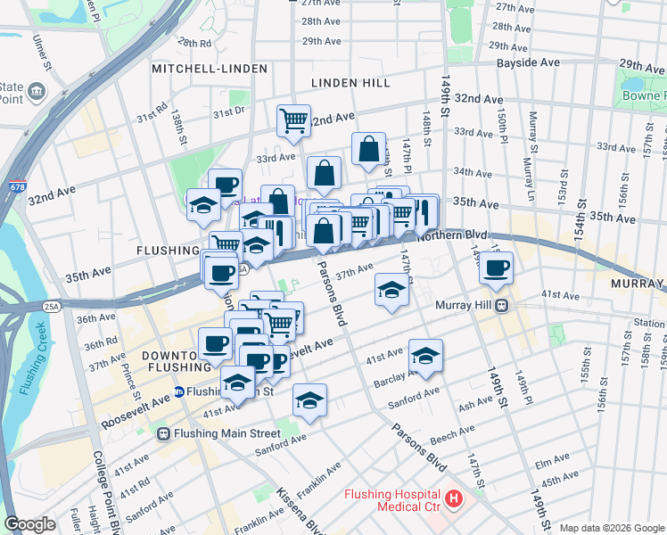 map of restaurants, bars, coffee shops, grocery stores, and more near 36-25 Parsons Boulevard in Queens
