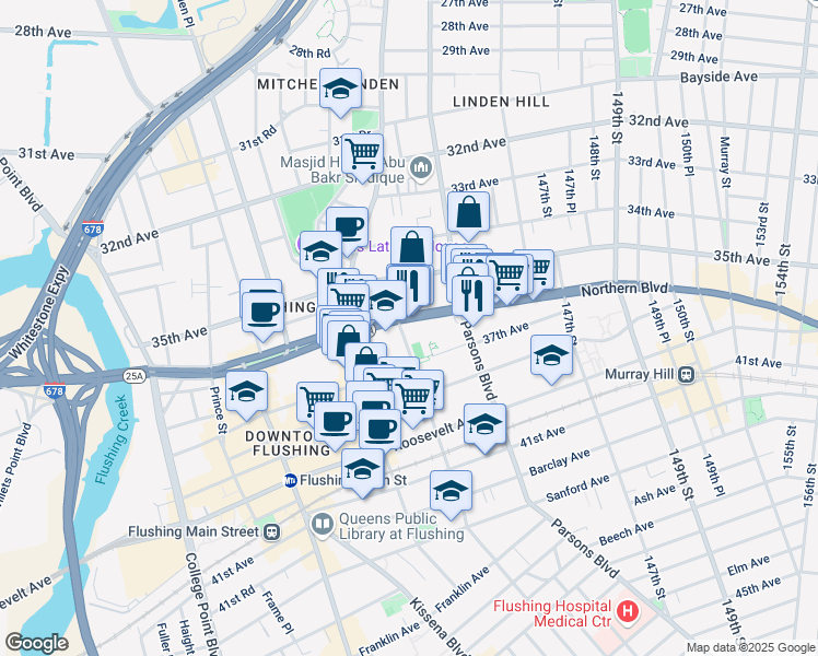 map of restaurants, bars, coffee shops, grocery stores, and more near 3611 Bowne Street in Queens
