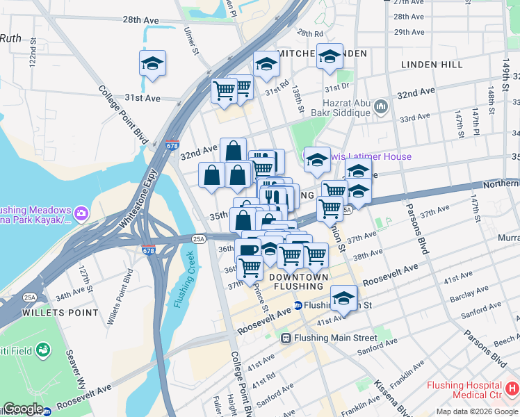 map of restaurants, bars, coffee shops, grocery stores, and more near 134-4 35th Avenue in Queens