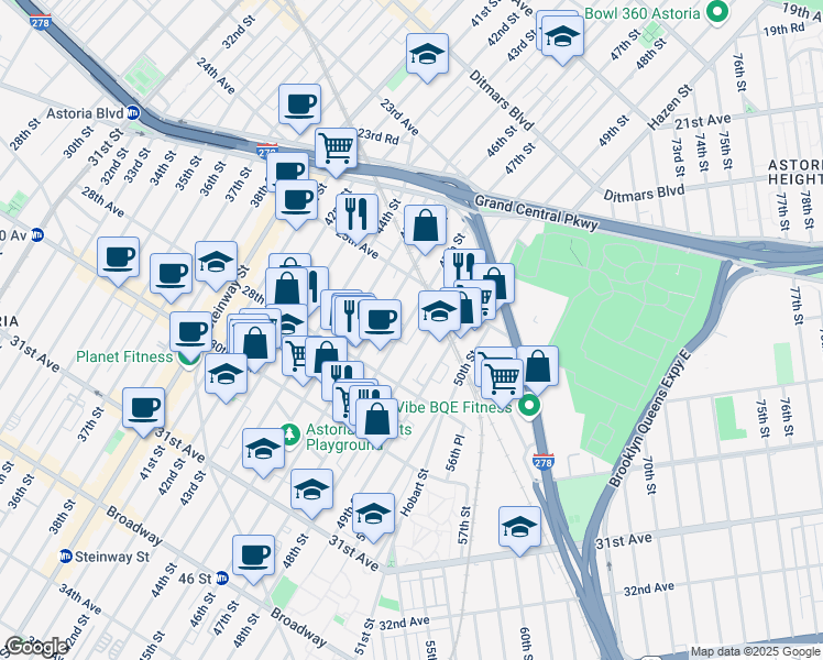 map of restaurants, bars, coffee shops, grocery stores, and more near 25-48 48th Street in Queens