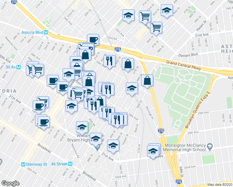 map of restaurants, bars, coffee shops, grocery stores, and more near 25-65 46th Street in Queens