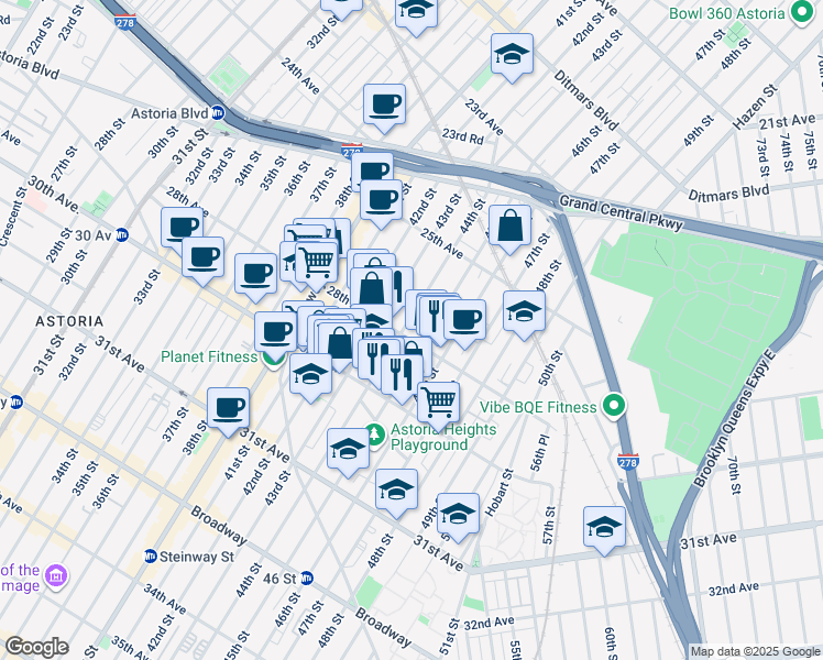map of restaurants, bars, coffee shops, grocery stores, and more near 25-92 45th Street in Queens