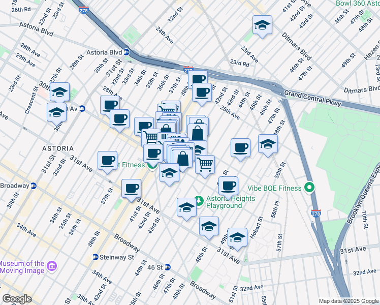 map of restaurants, bars, coffee shops, grocery stores, and more near in Queens