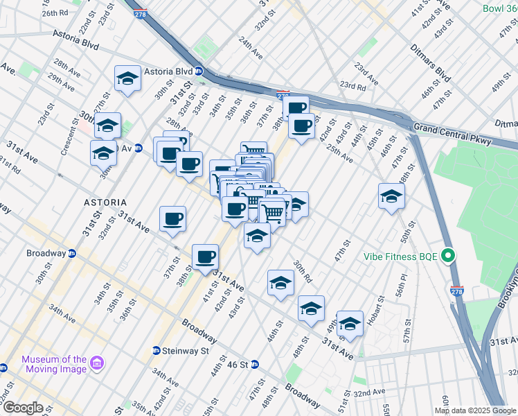 map of restaurants, bars, coffee shops, grocery stores, and more near 28-65 Steinway Street in Queens