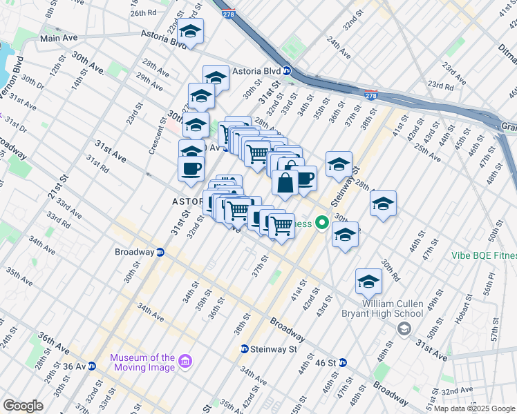 map of restaurants, bars, coffee shops, grocery stores, and more near 30-65 34th Street in Queens