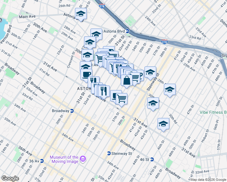 map of restaurants, bars, coffee shops, grocery stores, and more near 30-65 34th Street in Queens