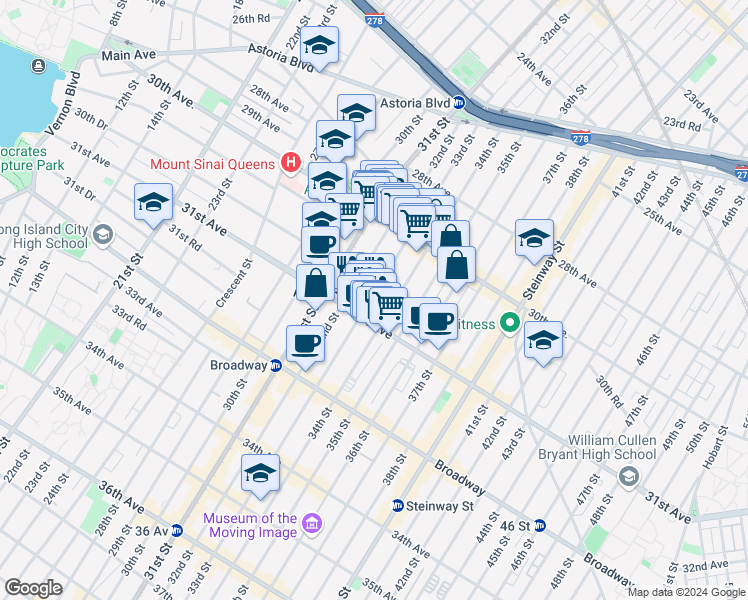 map of restaurants, bars, coffee shops, grocery stores, and more near 30-90 33rd Street in Queens