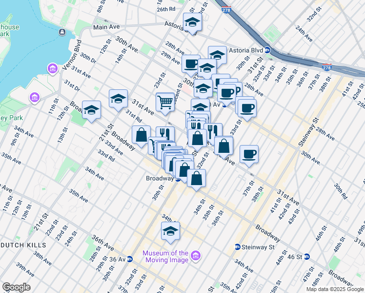 map of restaurants, bars, coffee shops, grocery stores, and more near 31-19 30th Street in Queens