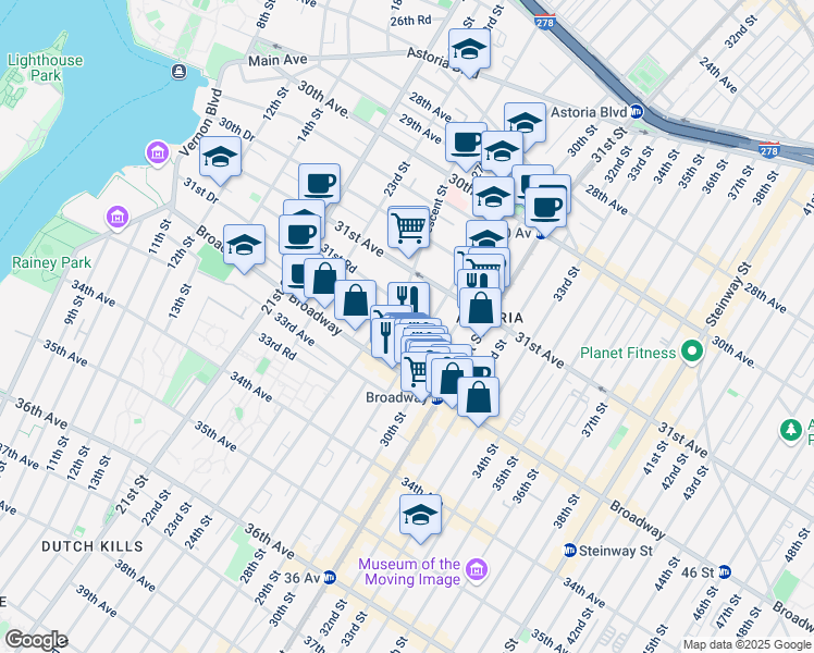 map of restaurants, bars, coffee shops, grocery stores, and more near 31-44 29th Street in Queens