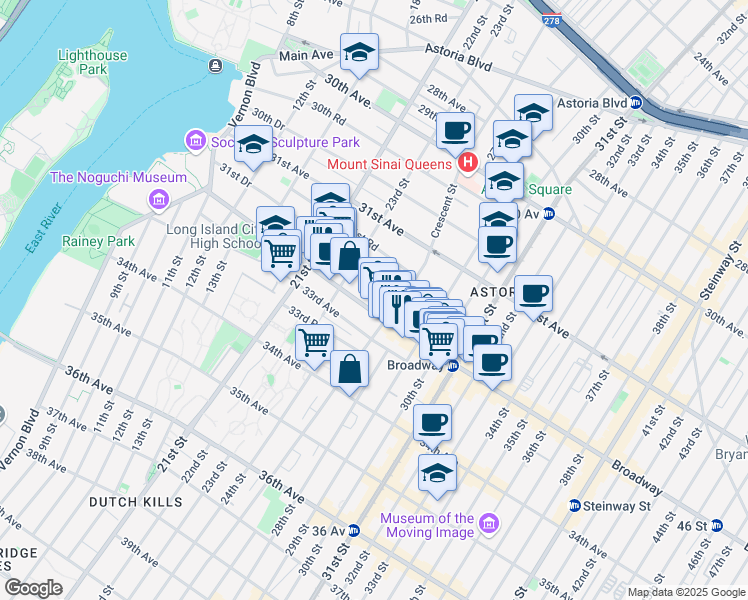 map of restaurants, bars, coffee shops, grocery stores, and more near 23-35 Broadway in Queens