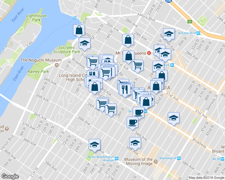 map of restaurants, bars, coffee shops, grocery stores, and more near 3211 23rd Street in Queens