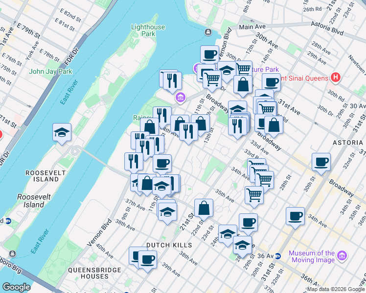map of restaurants, bars, coffee shops, grocery stores, and more near 34-21 11th Street in Queens