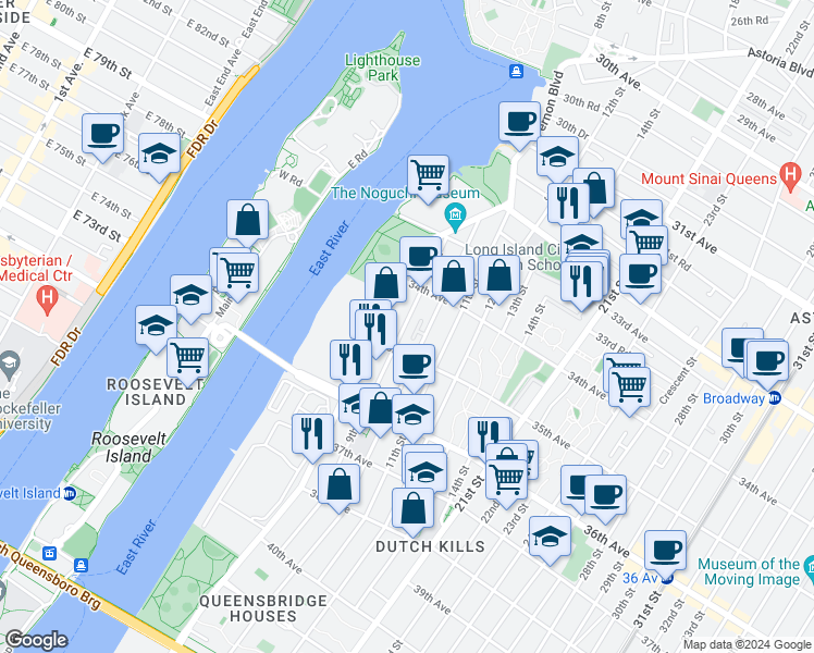 map of restaurants, bars, coffee shops, grocery stores, and more near 34-36 10th Street in Queens