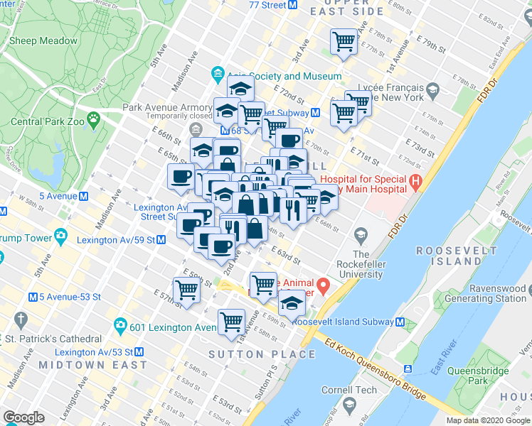 map of restaurants, bars, coffee shops, grocery stores, and more near in New York