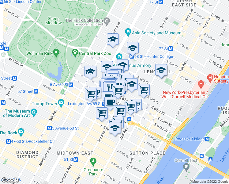 map of restaurants, bars, coffee shops, grocery stores, and more near 141 East 62nd Street in New York