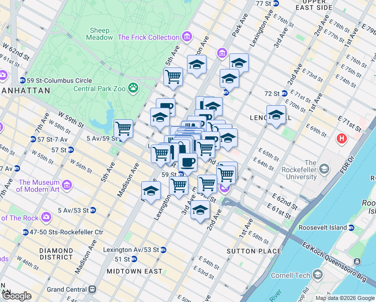 map of restaurants, bars, coffee shops, grocery stores, and more near 115 East 61st Street in New York