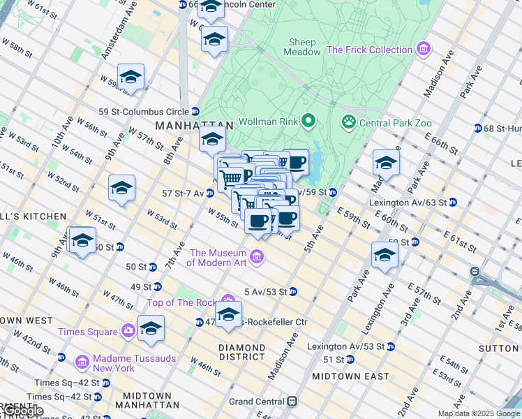 map of restaurants, bars, coffee shops, grocery stores, and more near 57 West 57th Street in New York
