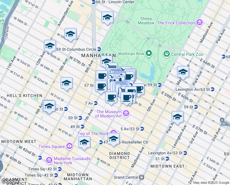 map of restaurants, bars, coffee shops, grocery stores, and more near 117 West 56th Street in New York