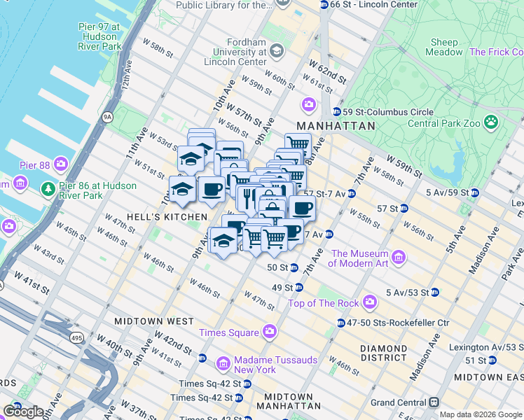 map of restaurants, bars, coffee shops, grocery stores, and more near 329 West 51st Street in New York