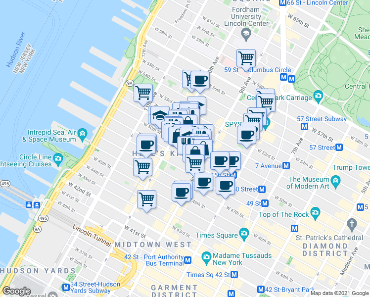 map of restaurants, bars, coffee shops, grocery stores, and more near 439 West 49th Street in New York