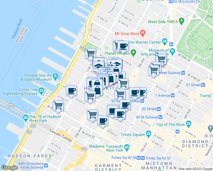 map of restaurants, bars, coffee shops, grocery stores, and more near in New York