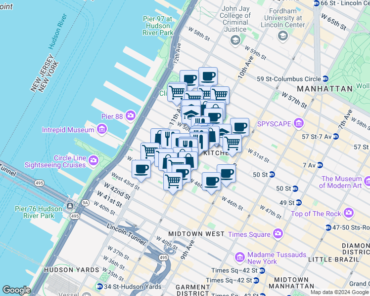 map of restaurants, bars, coffee shops, grocery stores, and more near 515 West 48th Street in New York