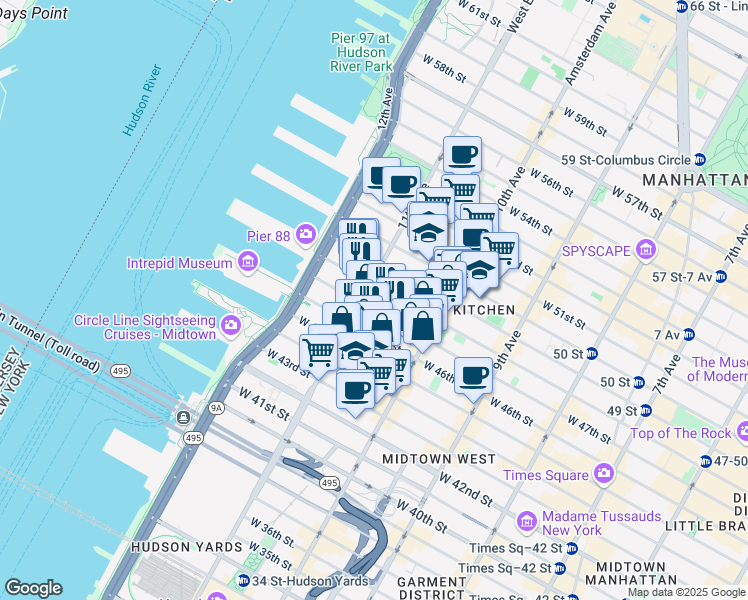 map of restaurants, bars, coffee shops, grocery stores, and more near 546 West 48th Street in New York