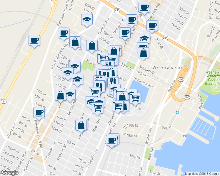 map of restaurants, bars, coffee shops, grocery stores, and more near 412 19th Street in Union City