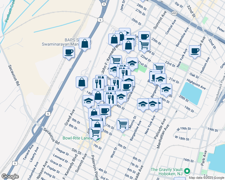 map of restaurants, bars, coffee shops, grocery stores, and more near 1500 Kerrigan Avenue in Union City