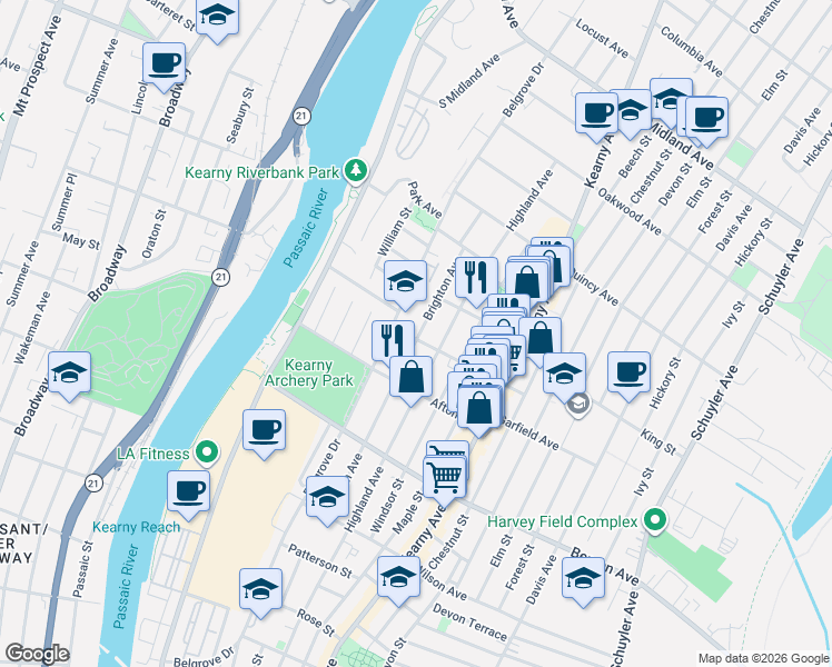 map of restaurants, bars, coffee shops, grocery stores, and more near 25 Halstead Street in Kearny