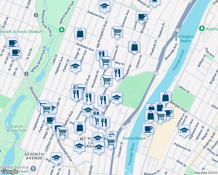 map of restaurants, bars, coffee shops, grocery stores, and more near 69 Wakeman Avenue in Newark
