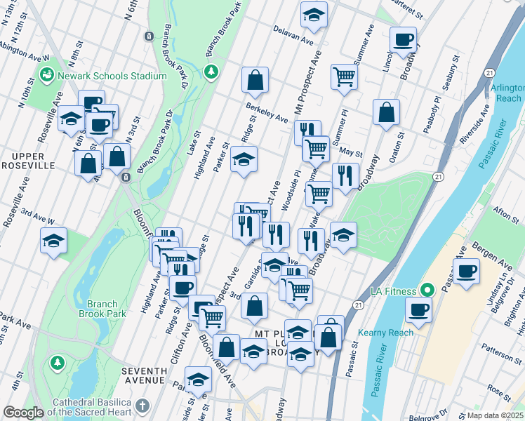 map of restaurants, bars, coffee shops, grocery stores, and more near 346 Mount Prospect Avenue in Newark