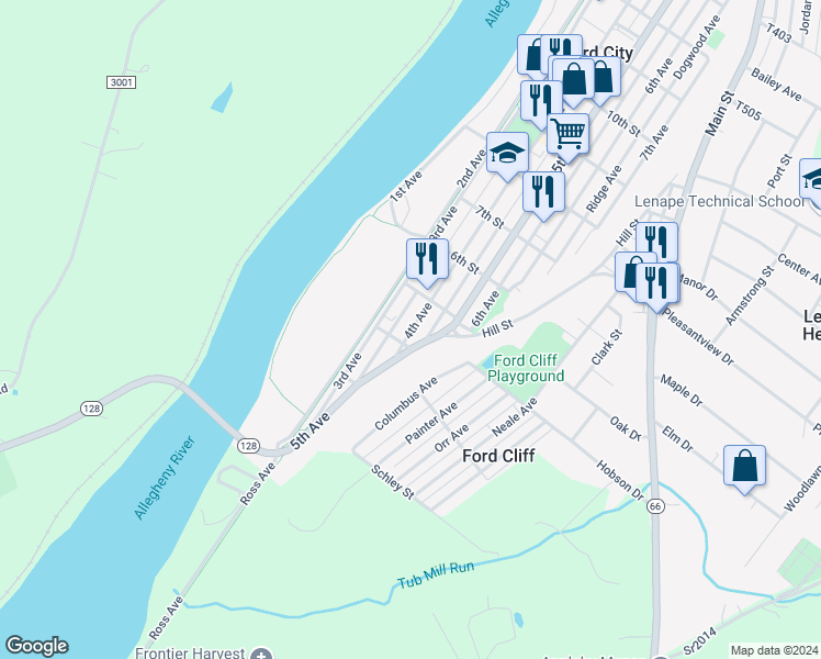 map of restaurants, bars, coffee shops, grocery stores, and more near 405 4th Avenue in Ford City