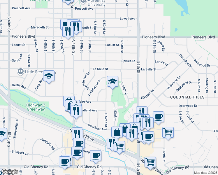 map of restaurants, bars, coffee shops, grocery stores, and more near 4900 South 52nd Street in Lincoln