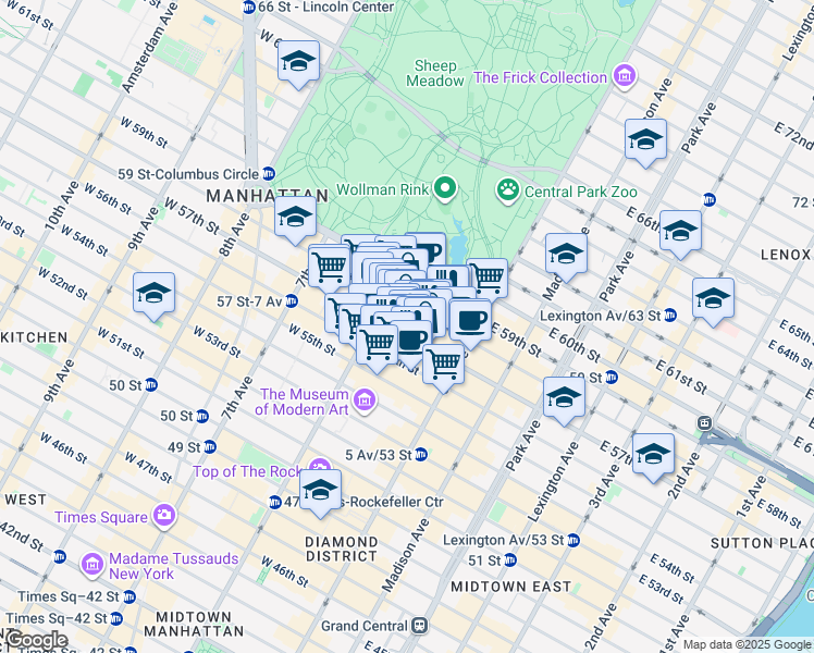 map of restaurants, bars, coffee shops, grocery stores, and more near 37 West 57th Street in New York