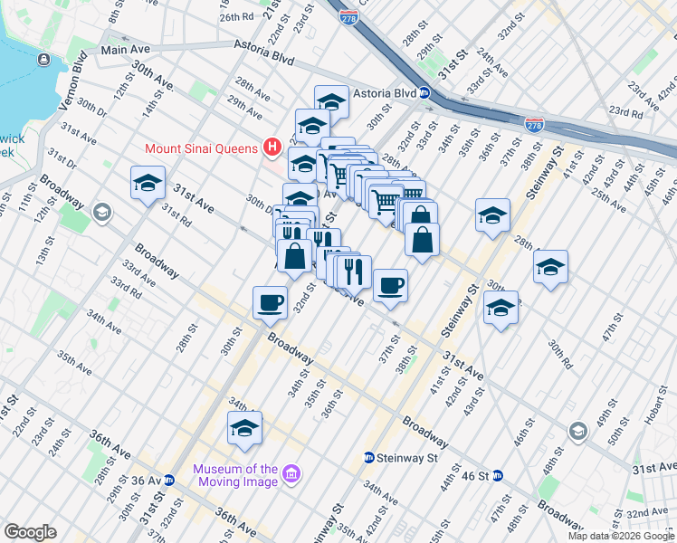 map of restaurants, bars, coffee shops, grocery stores, and more near 30-90 33rd Street in Queens