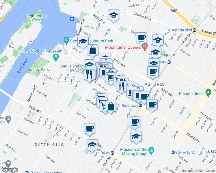 map of restaurants, bars, coffee shops, grocery stores, and more near 32-07 23rd Street in Queens